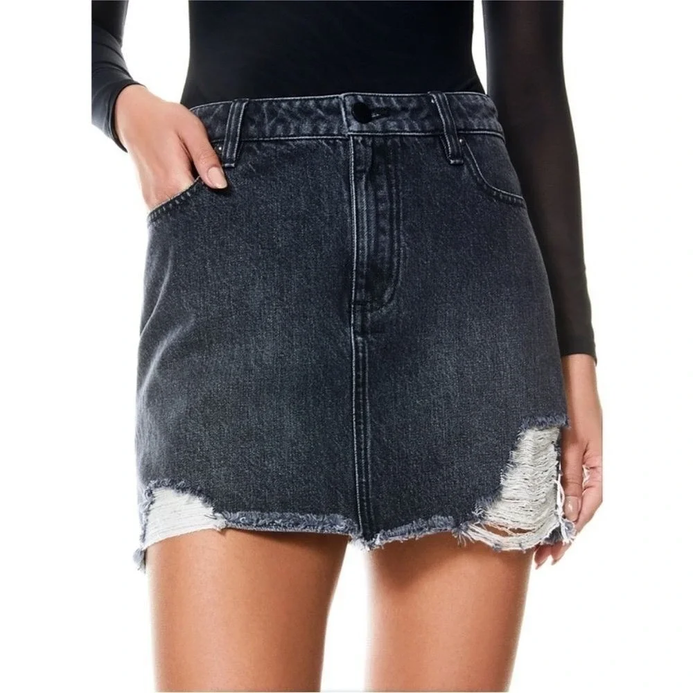 ALICE + OLIVIA Denim Short Skirt Mini Black Distressed Women High Rise Jean 26 2